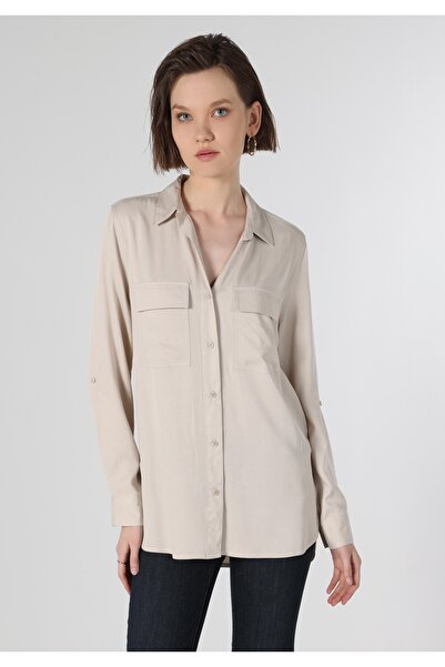 Colin's Regular Fit Cepli Bej Kadın Uzun Kol Gömlek Cl1053348