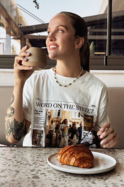 Le'sluette shadow of style Γυναικείο μπλουζάκι με στάμπα εφημερίδων Oversize 100% βαμβάκι