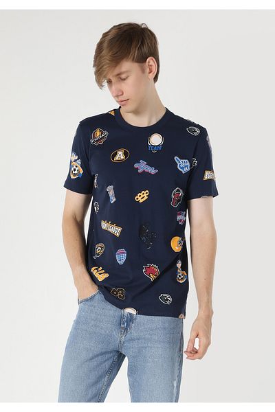 Colin's Regular Fit Round Neck Printed Men's Navy Blue Short Sleeve T-Shirt