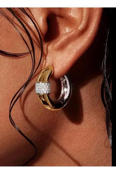 Ayşegülce Takılar Çift Taraflı Tek Taş Halka Küpe Özel Tasarım Altın Kaplama Kararmaz BYMEN