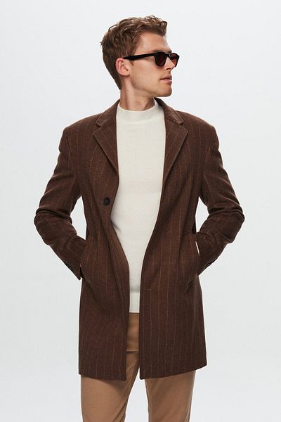 Twn Brown Striped Slim Fit Woolen Coat
