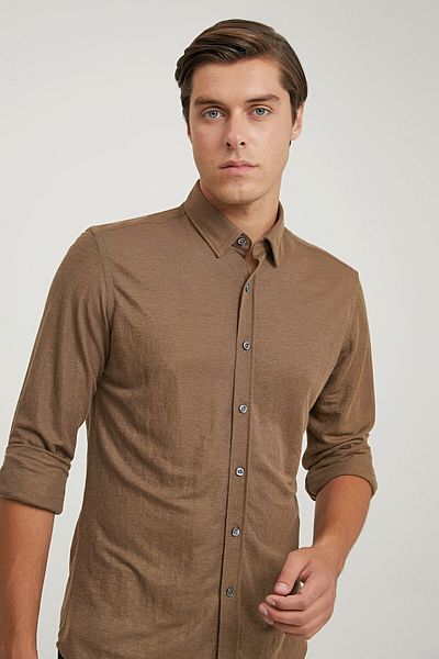 Twn Slim Fit Brown Plain Shirt