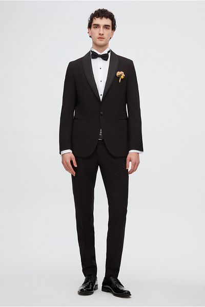 Twn Black Slim Fit Tuxedo - Plain Groom Suit with Vest