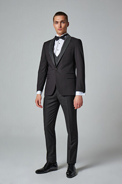 D'S Damat Ds Damat Slim Fit Siyah Düz Damatlık & Smokin Yelekli Takim Elbise