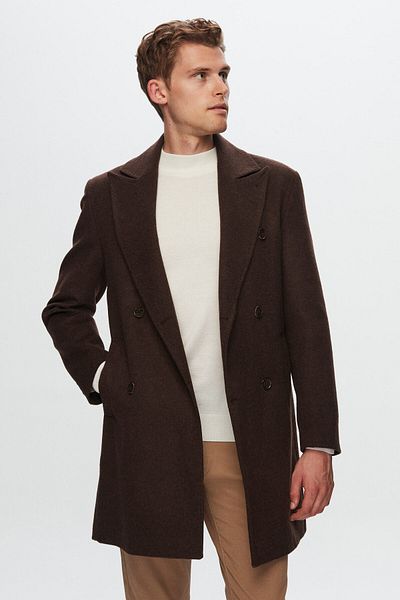 D'S Damat Ds Damat Regular Fit Brown Plain Woolen Double Breasted Cashmere Coat