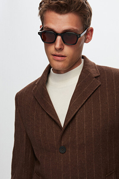 Twn Brown Striped Slim Fit Woolen Coat