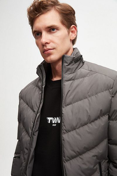 Twn Gray Slim Fit Hooded Fiber Filled Windproof Jacket