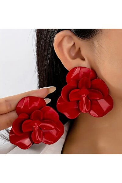 Ayşegülce Takılar ZRA Model Kırmızı Gül Çiçek Figürlü Gösterişli Büyük Küpe