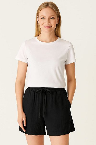 enmodaiçgiyim Black 100% Cotton Muslin Women's Shorts – Comfortable Fit Summer Shorts with Pockets