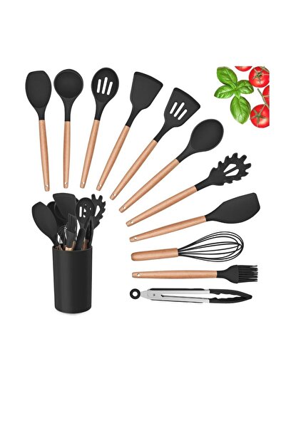 OSKAR FIRÇA Set of 12 Piece Serving Spoons with Wooden Handle Heat Resistant Silicone