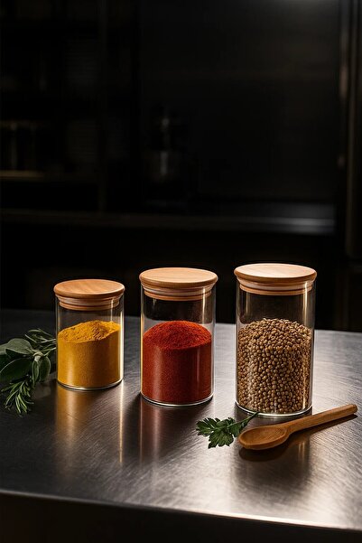 ZURİ DESİGN 3’lü Düz Cam Baharatlık Seti – Hava Geçirmez Bambu Vakum Kapaklı ...