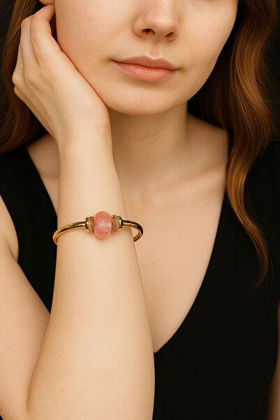 LOVELOTUS Çelik Bileklik Ayarlanabilir Pembe Kuvars Doğal Taş