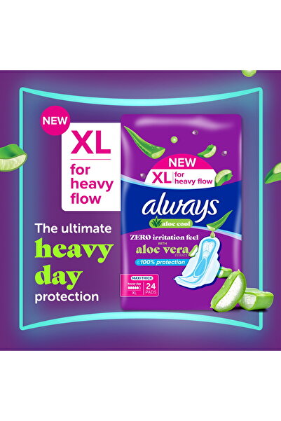 Always Aloe Cool XL Maxi Thick Pads for Heavy Days – 48 pcs, Full Coverage Comfort