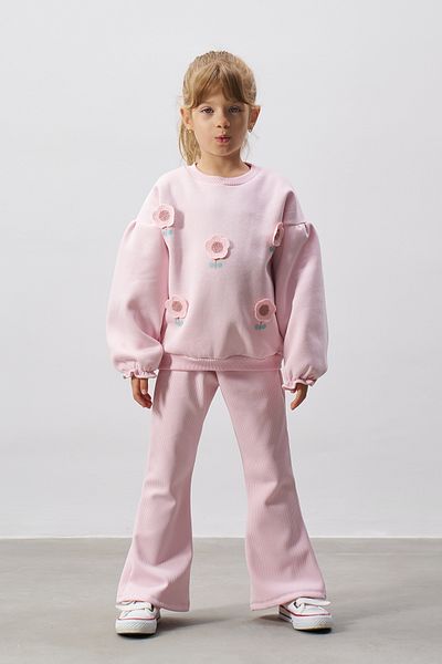 Minipodyum Girls' Bottom Top Set with Car Flower Embroidery Spanish Leggings