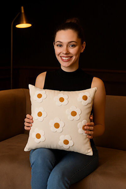 HD HOME COLLECTİON غطاء وسادة من قماش الكتان بنمط الأقحوان المطرز (43*43 سم)