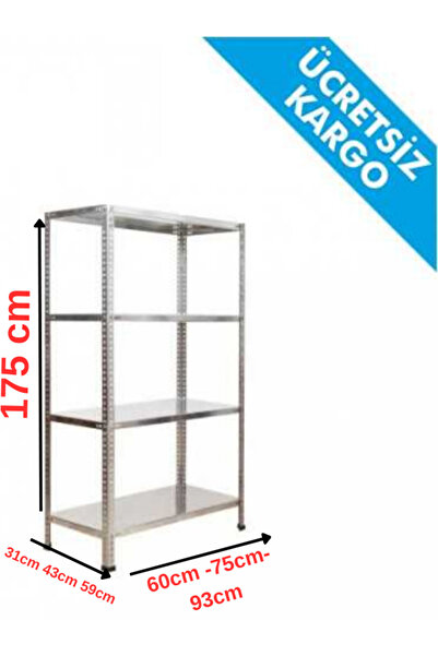 RafBurada 4 Katlı Galvaniz Çelik Raf H:175 cm - Depo, Arşiv, Kiler, Dosya, Market Rafı 31x60 cm-175 cm-0.70 mm