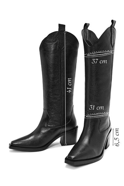 Derimod Women's Black Thick Heeled Leather Cowboy Boots 25Wfd1525Ft