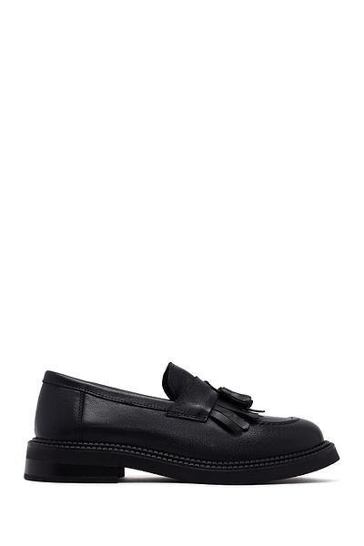 Derimod Women's Black Tasseled Leather Masculine Loafer 25Afd512318