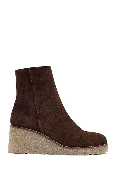 Derimod Women's Brown Zippered Wedge Heeled Suede Leather Boots 25Afd152710
