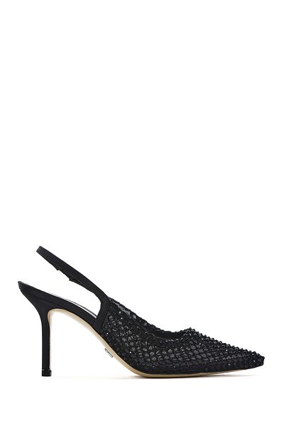 Derimod Women's Black Stone Open Back Thin Heeled Leather Shoes 25Afd1207Ts