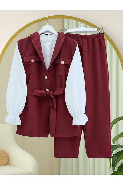 Modamorfo Zero Sleeve Front Buttoned Triple Suit with Belt - Burgundy