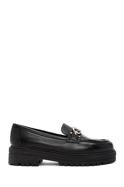 Derimod Gritti Women's Black Buckle Detailed Leather Masculine Loafer 25Afd110018