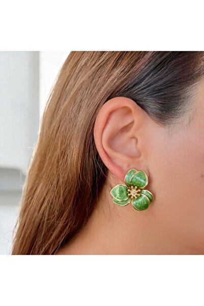 SNITCH GLOW 6 Yapraklı Yeşil Gold Detaylı Çiçek Küpe