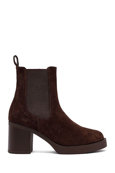 Derimod Women's Brown Heeled Suede Leather Chelsea Boots 25Wfd153710