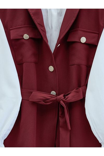 Modamorfo Zero Sleeve Front Buttoned Triple Suit with Belt - Burgundy