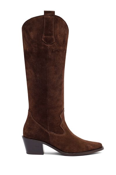 Derimod Women's Brown Thick Heeled Suede Leather Cowboy Boots 25Afd152910