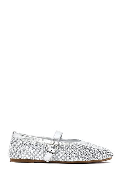 Derimod Women's Silver Mesh Stone Ballerinas 25Sfd441114