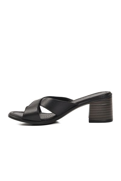 Voyager Black Genuine Leather Women's Heeled Slippers 9749 Z