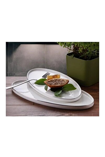 GÖNÜL GNL3257 Silver Kenarlı Beyaz Porselen Kayık Tabak 2'li