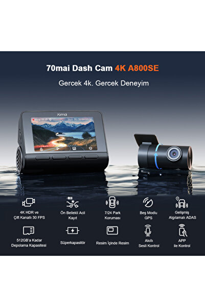 70MAİ Araç Kamerası A800SE Ön Kamera + RC22 Arka Kamera Set 4K Ultra HD, Ön Bellekli Acil Kayıt
