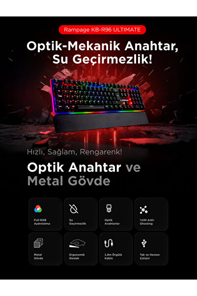 Rampage Kb-r96 Ultımate Optical Switch Full Rgb Ve Metal Gövdeli Su Geçirmez Mekanik Gaming Oyuncu Klavyesi