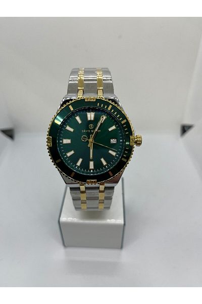 DAVID GUNER Yellow Silver Coated Black Dial Men's Wrist Watch with Calendar