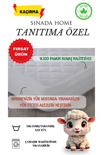 Sinada Quilted Fitted Outside Cotton Inside Wool Filling Double Mattress Mattress Protector 200X220