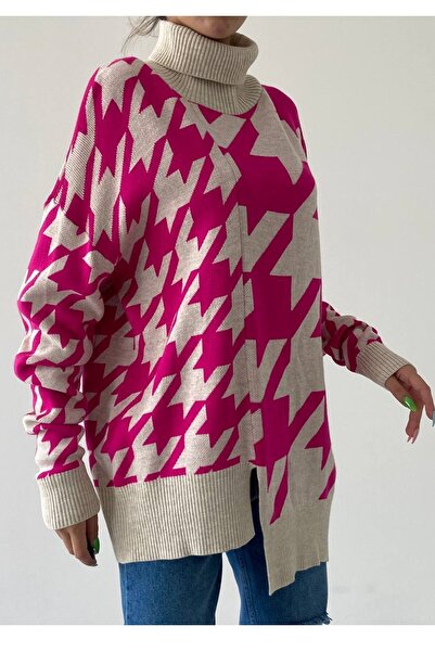 WOMAN VISION Turtleneck Geometric Patterned Oversize Knitwear Sweater - 193