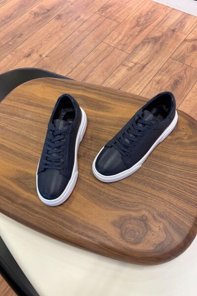 Paulo Luís 1090 Dark Blue Skin - White Sole Genuine Leather Men's Sneakers