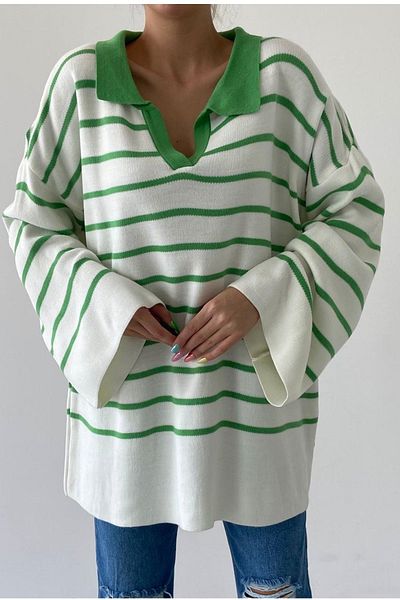 vuvutasarım Line Patterned Knitwear Fabric V-Neck Bat Sleeve Design Oversize Sweater 196