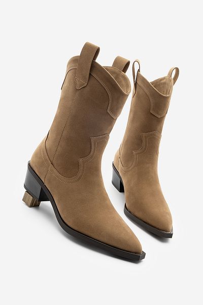 Marjin Tan Suede Women's Western Boots - Pointed Toe and Stitching Detail