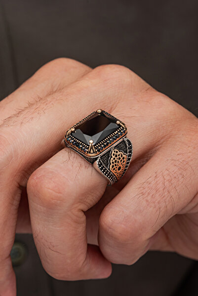 ALYANSEVİM Kare Siyah Zirkon Taşlı 925 Gümüş Yüzük Erkek