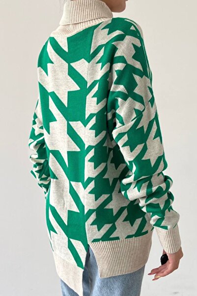 vuvutasarım Asymmetrical Patterned Knitwear Fabric Turtleneck Design Oversize Sweater 193