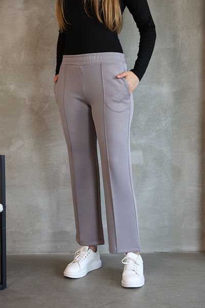 LUQAJ Women's Straight Cut Ribbed Straight Gray Scuba Pocket Elastic Pants