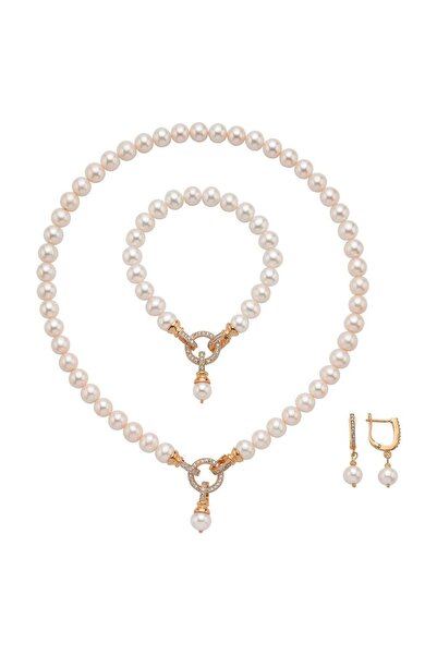 Birinci1926 Halka Kilitli Doğal İnci Küpe Kolye Bileklik Üçlü Set 55 CM ROSE