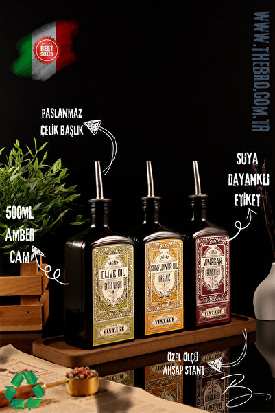 TheBRo 500ML Ahşap Stantlı New Premium Zeytinyağı,Ayçiçekyağı ve Sirke Şişesi...