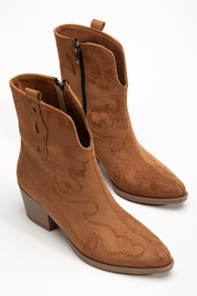 Ms Sugar Western Kovboy Kadın Suni Süet Taba Nakışlı Kısa Bot