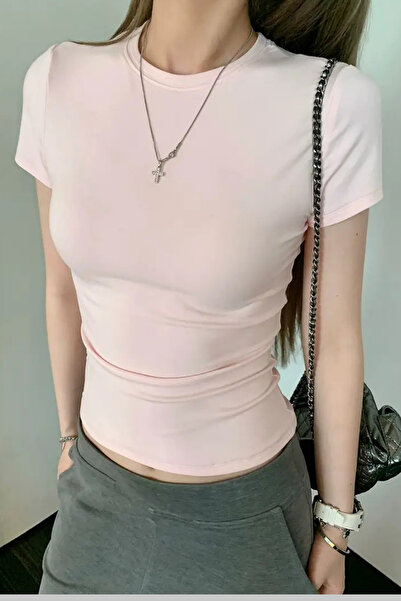 Tarz Cool Pink Crew Neck Basic Women's T-Shirt