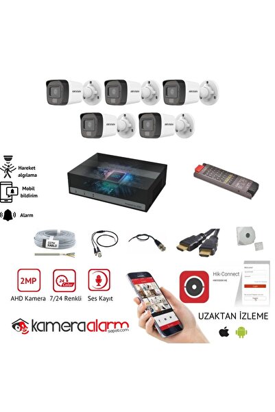 Hikvision 5 Kameralı, Ses Kayıtlı, Gece Gündüz Renkli AHD Güvenlik Kamerası S...