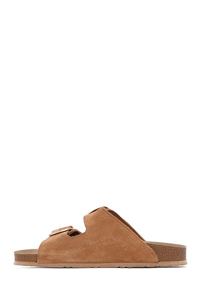 Derimod Women's Tan Buckle Suede Leather Slippers 25Sfd 130110
